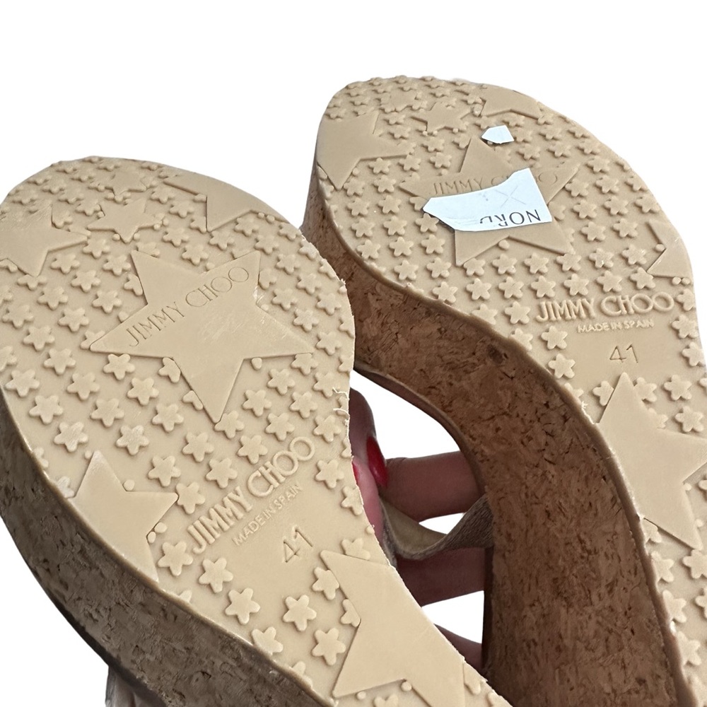 Jimmy Choo Silver Metallic Strappy Cork Wedge Sandals - Picture 2 of 3